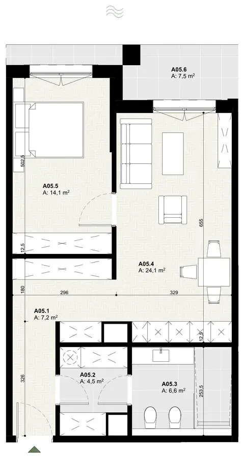 Rzut apartamentu A05 w inwestycji Lake Home