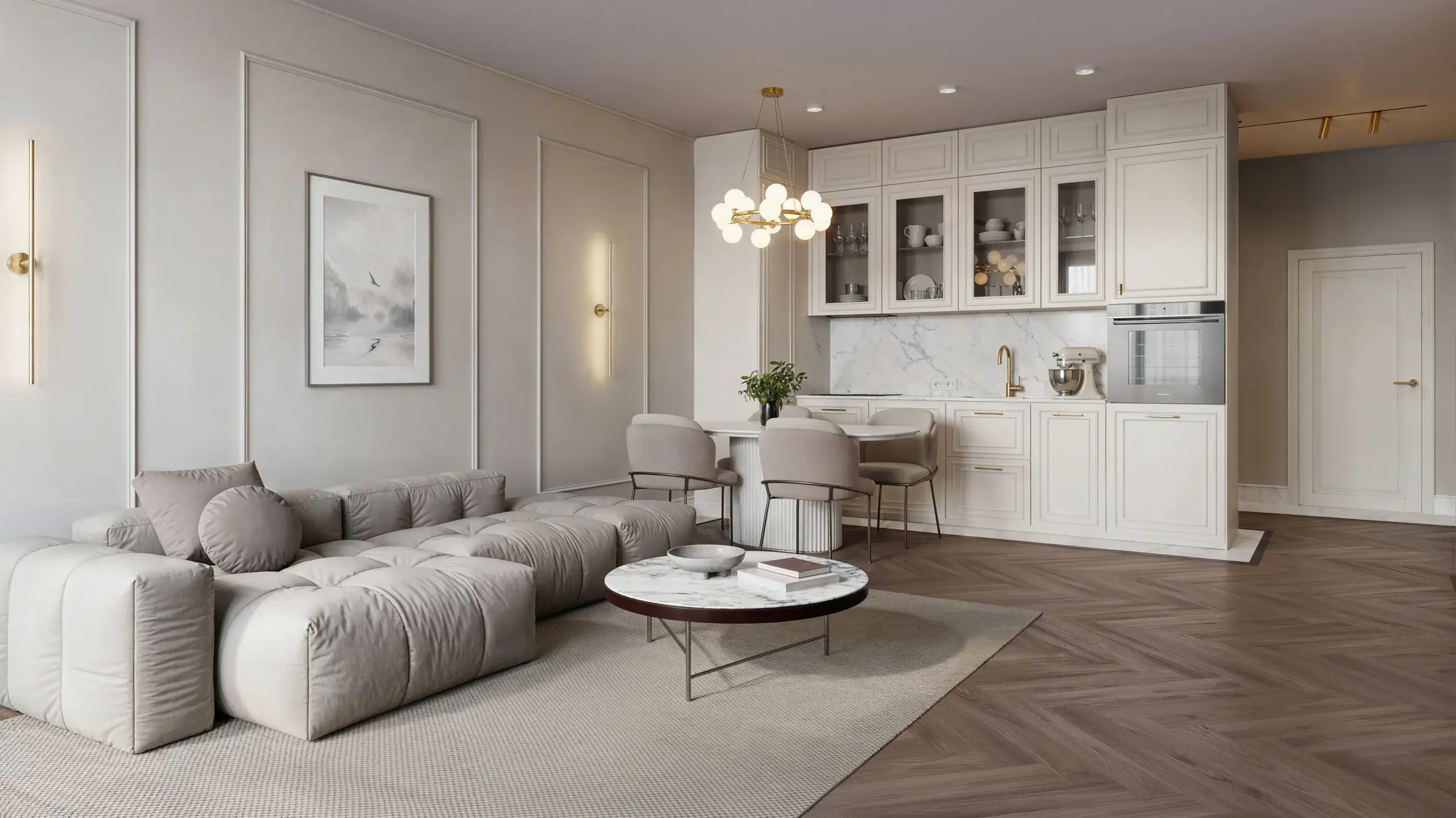 Elegancki salon z aneksem kuchennym w apartamencie Lake Home w standardzie Classic