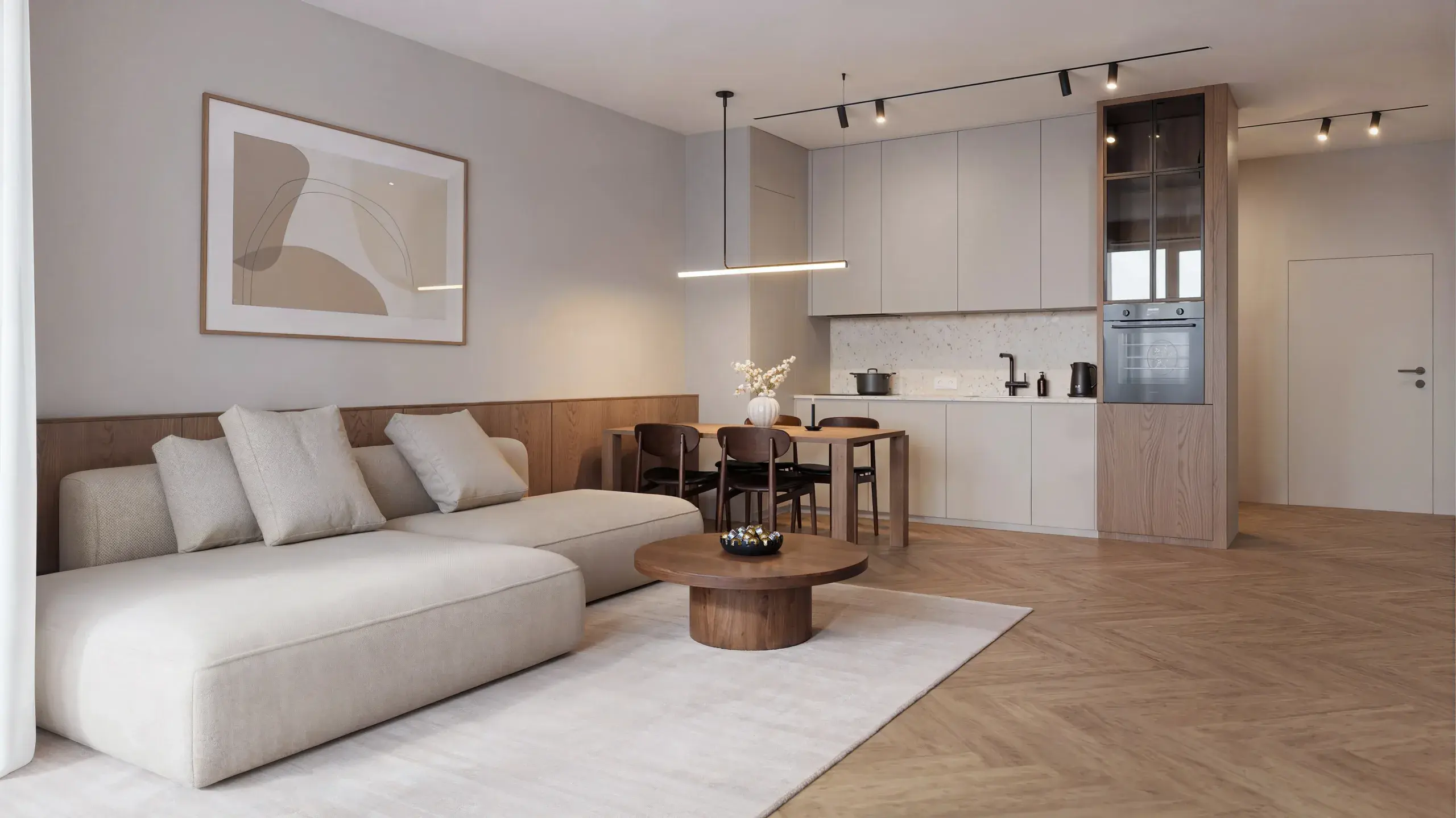 Jasny salon z aneksem kuchennym w apartamencie Lake Home w standardzie Scandi