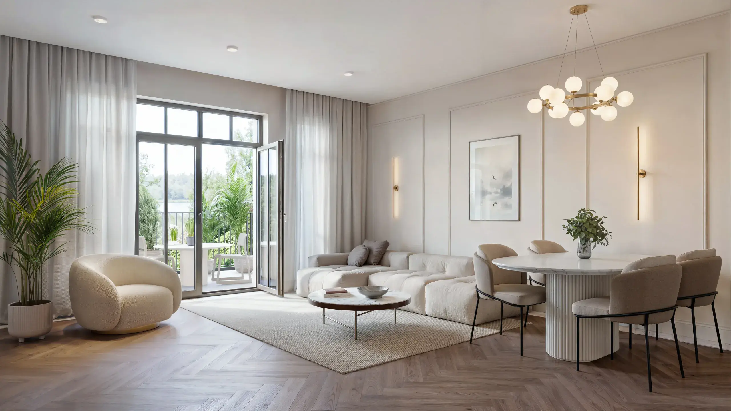 Salon w standardzie Classic z jasną sofą, sztukaterią i wyjściem na balkon