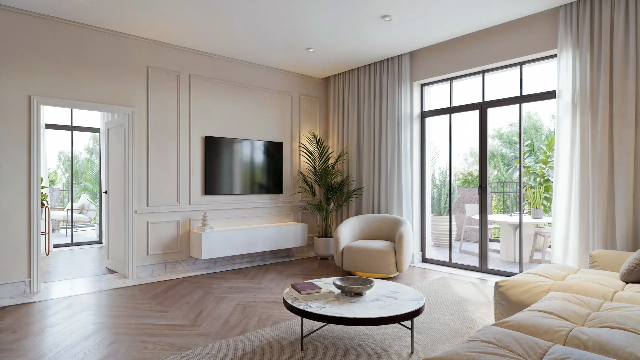 Wnętrze apartamentu Lake Home w eleganckim standardzie Classic — strefa dzienna z balkonem