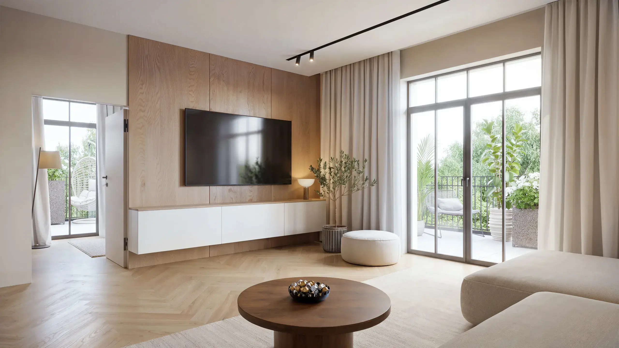 Wnętrze apartamentu Lake Home w jasnym standardzie Scandi - salon z widokiem na zieleń
